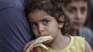 خانواده فلسطینی در غزه در حال دریافت کمک های غذایی از یک سازمان امدادی